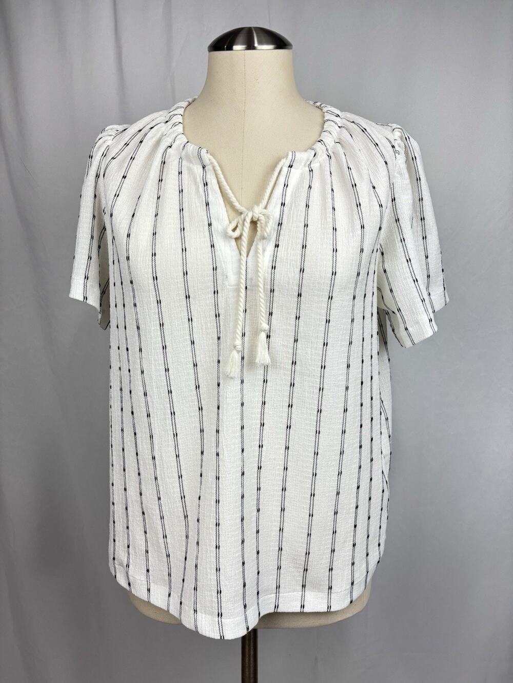 Madewell Short Sleeve Tie-Neck Tassel White Black Stitch V-Neck Top Small Boho